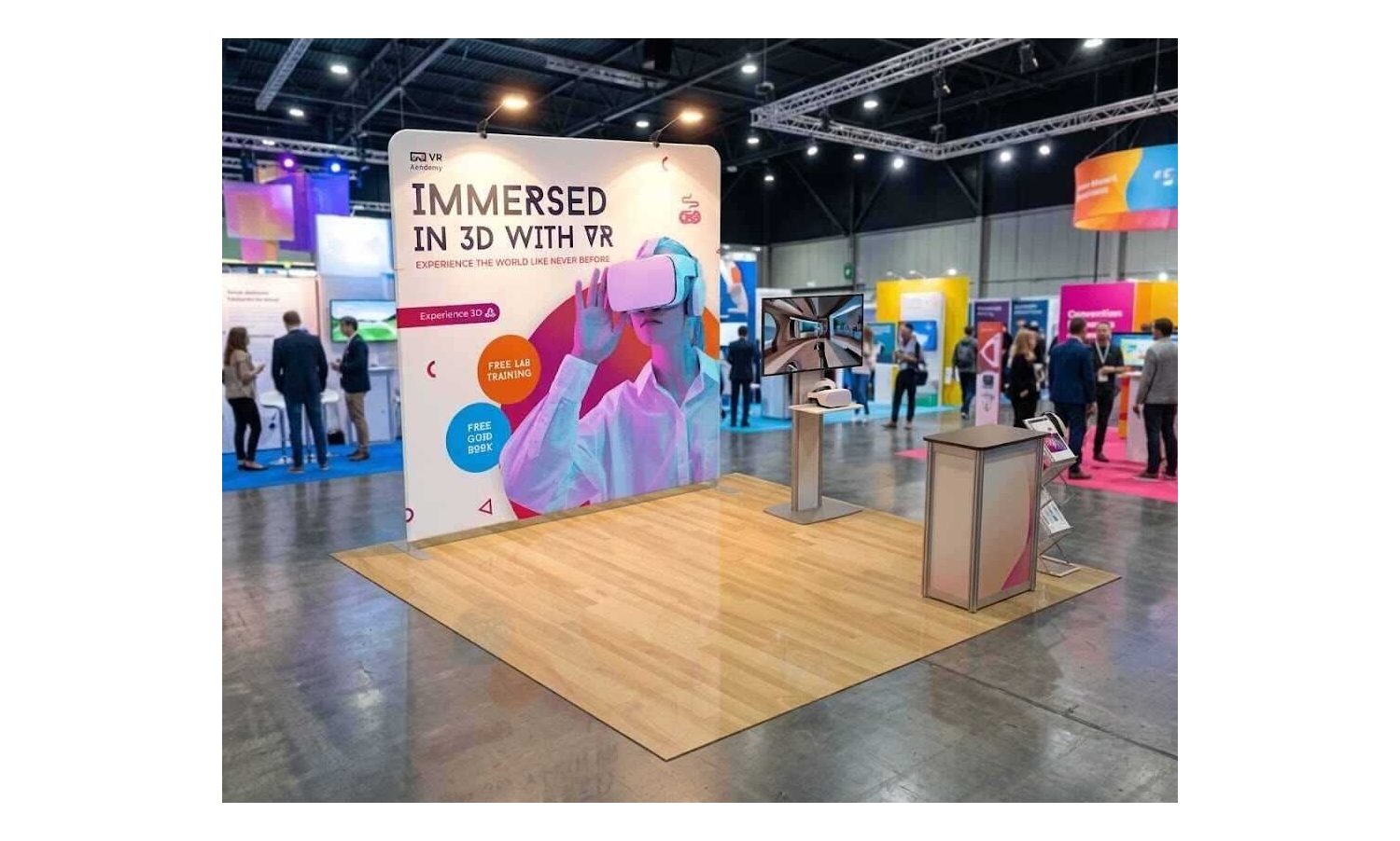 8ft straight tension fabric display backdrop with top LED spotlights set up inside a 10x10 indoor trade show booth.