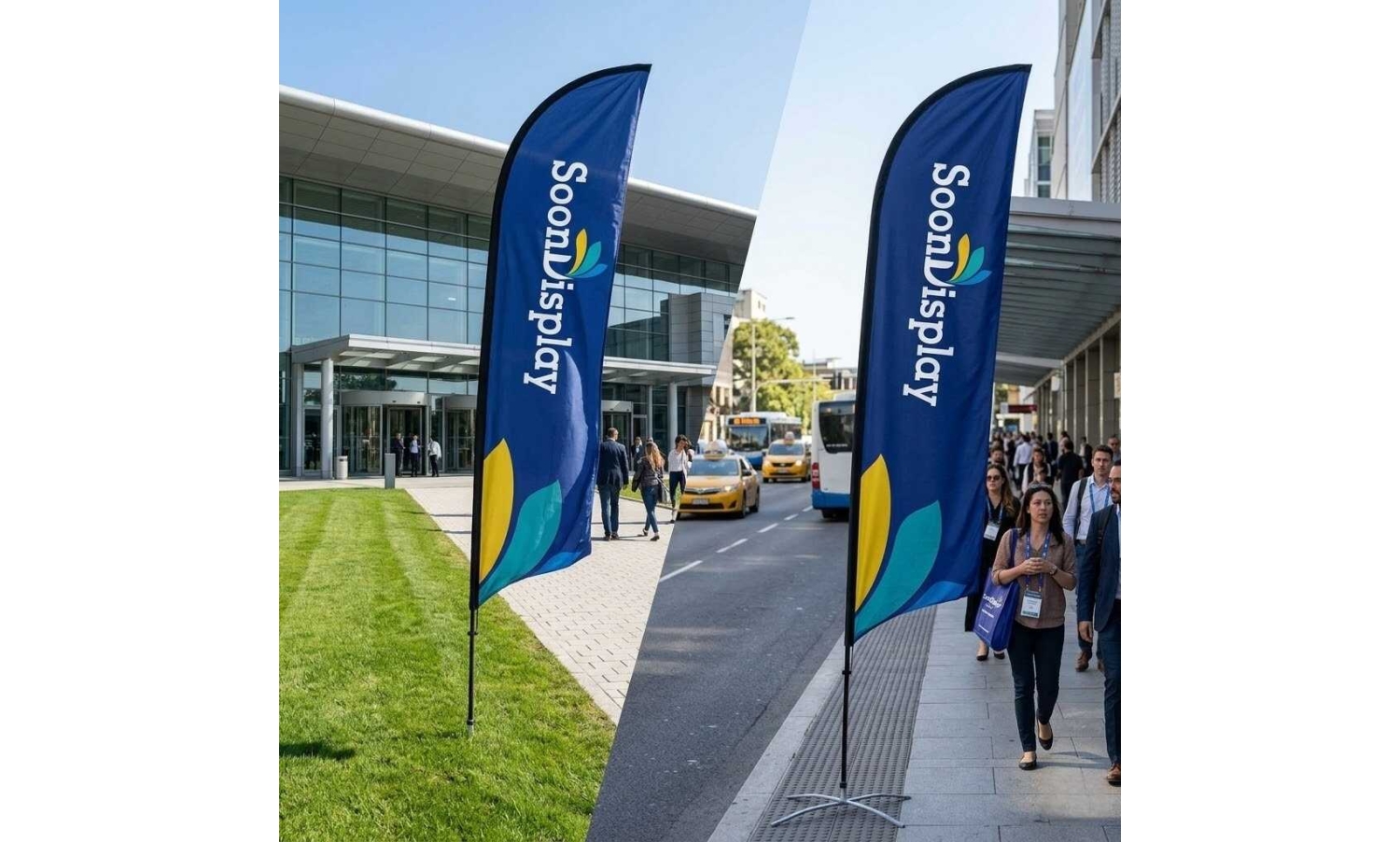 SoonDisplay custom feather flags comparison showing ground spike base on grass turf vs heavy X-base on sidewalk pavement.