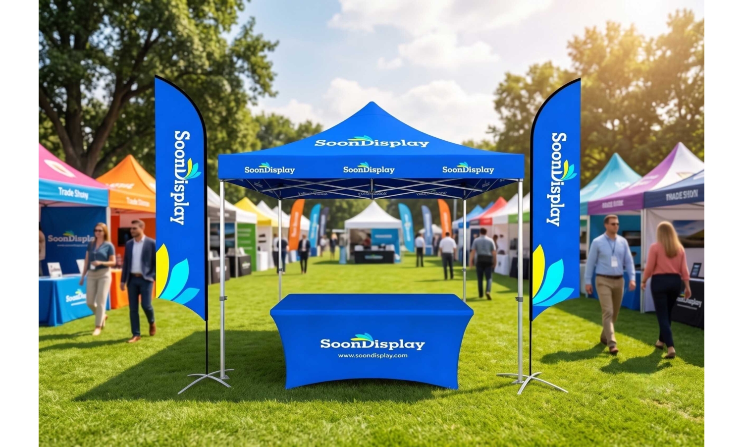 SoonDisplay heavy-duty custom 10x10 canopy tent setup with printed backwall and feather flags for outdoor trade show.