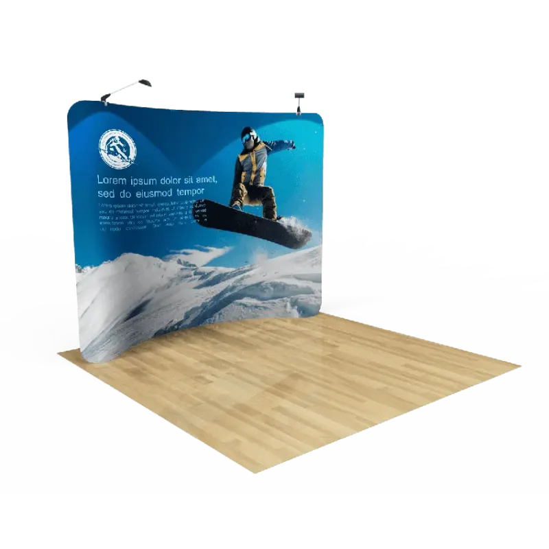 10ft curved tension fabric display with custom printed graphic and optional LED lights left angle view