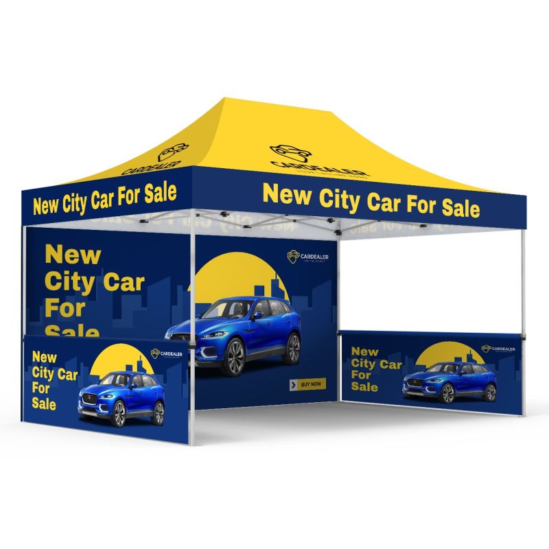 Angled perspective view of 10x15 custom canopy tent package featuring printed backwall and half side walls