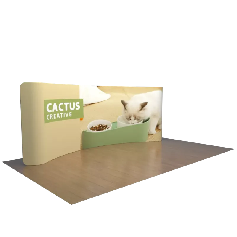 20ft curved tension fabric display with custom printed graphic left angle view