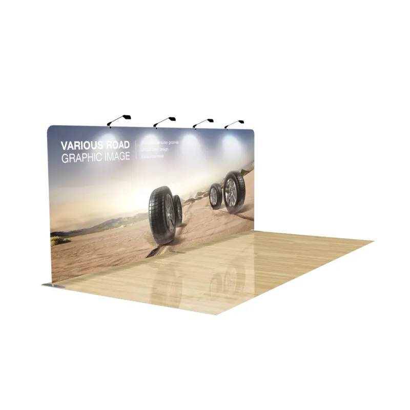 20ft straight tension fabric display with custom graphic and optional LED lights angled view