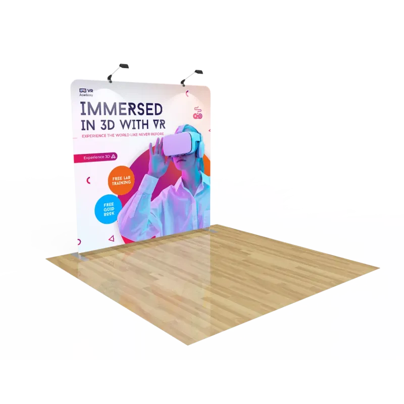 8ft straight tension fabric display with custom graphic shown from left angle