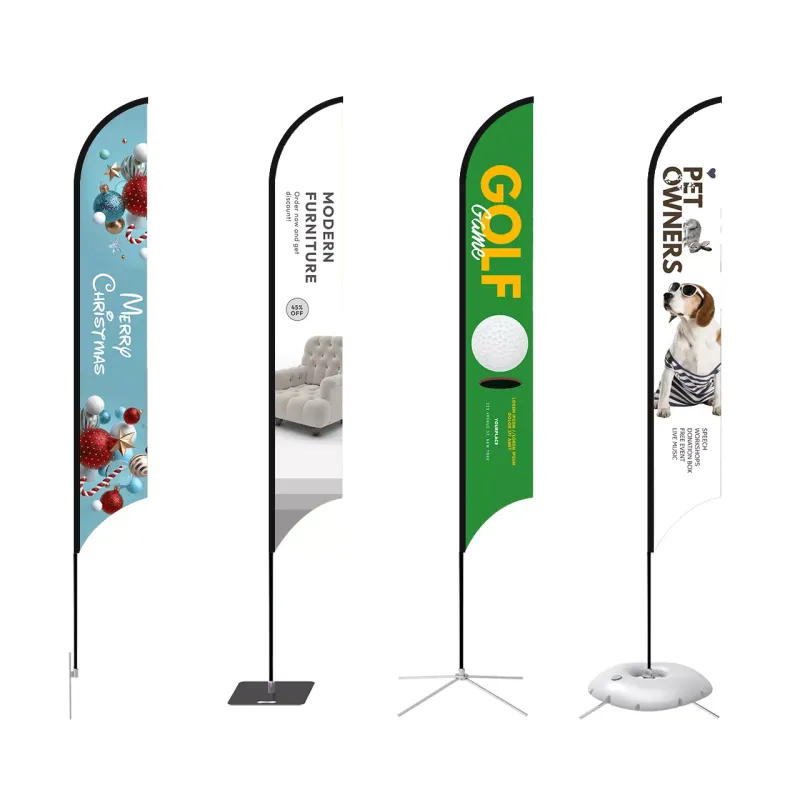 ustom feather flag with pole kit showing multiple base options