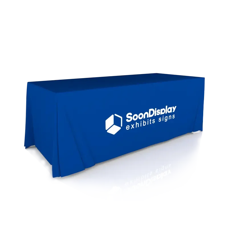 Right angle view of custom blue table throw with white logo, loose table cover for trade show display