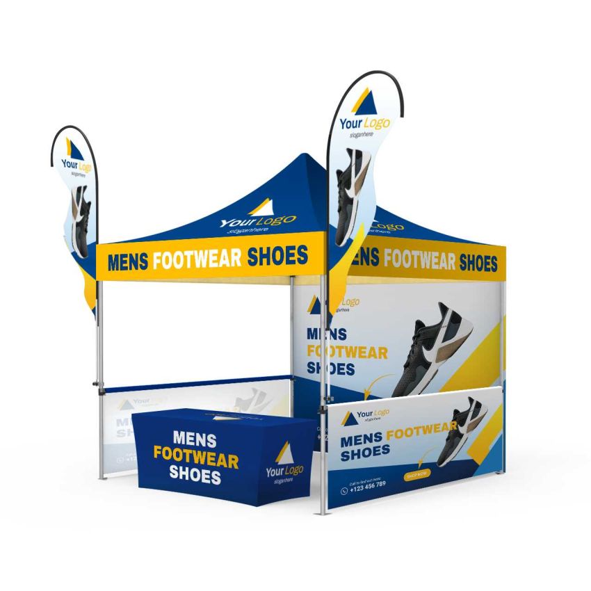 10x10 Custom Canopy Tent Package with Full Back Wall, Half Side Walls, Table Cover & Flags