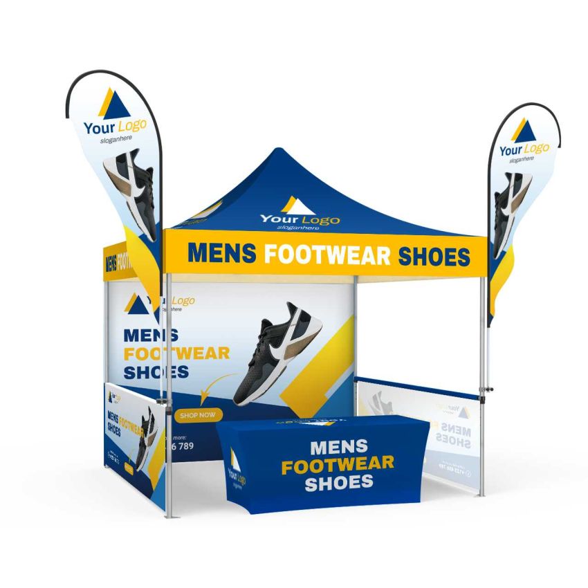 10x10 Custom Canopy Tent Package with Full Back Wall, Half Side Walls, Table Cover & Flags
