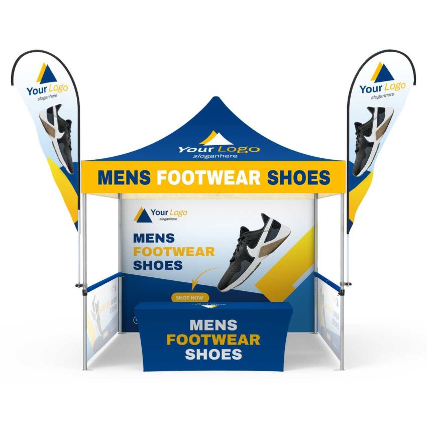 10x10 Custom Canopy Tent Package with Full Back Wall, Half Side Walls, Table Cover & Flags