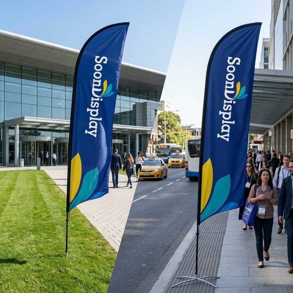 SoonDisplay custom feather flags comparison showing ground spike base on grass turf vs heavy X-base on sidewalk pavement.