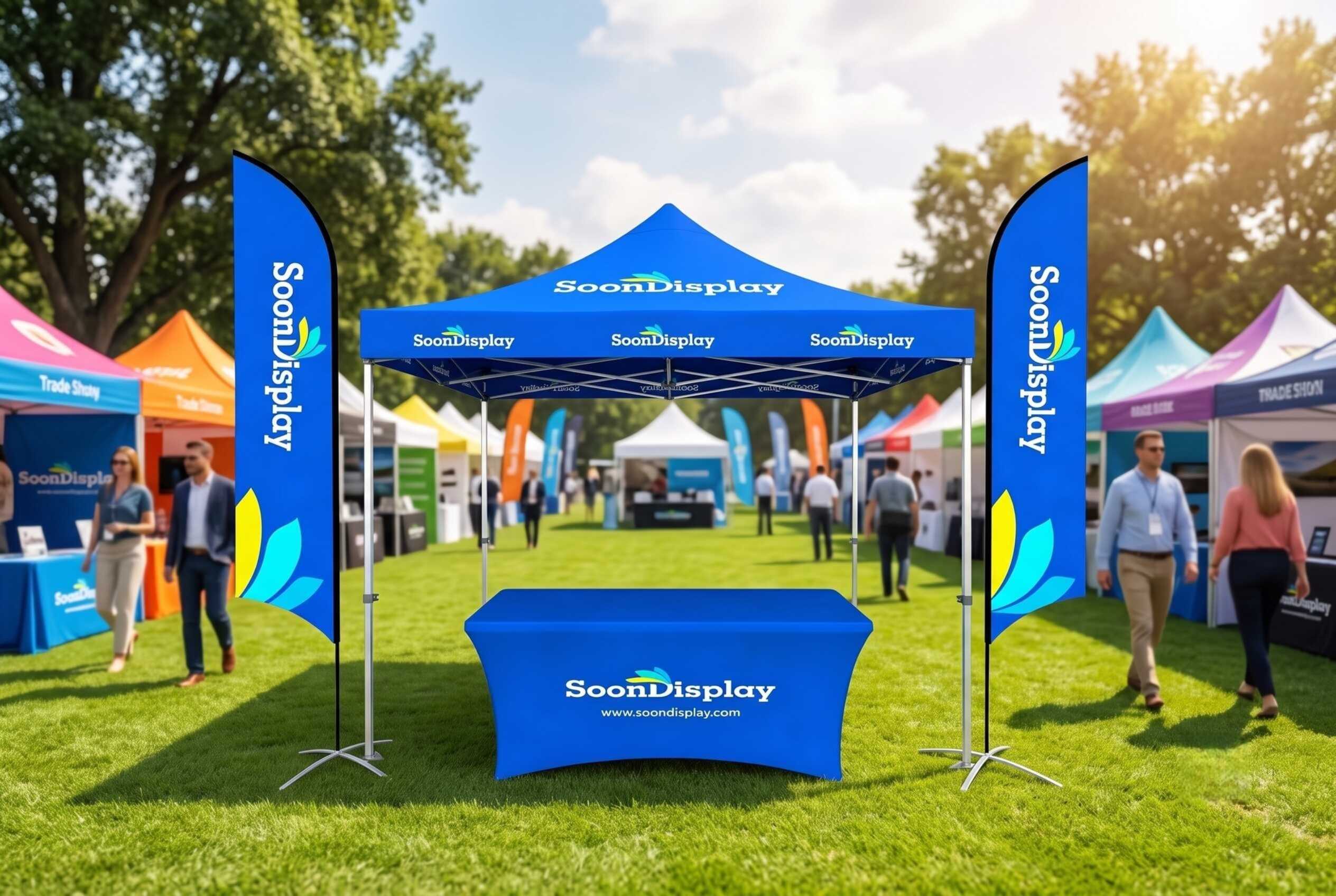 SoonDisplay heavy-duty custom 10x10 canopy tent setup with printed backwall and feather flags for outdoor trade show.