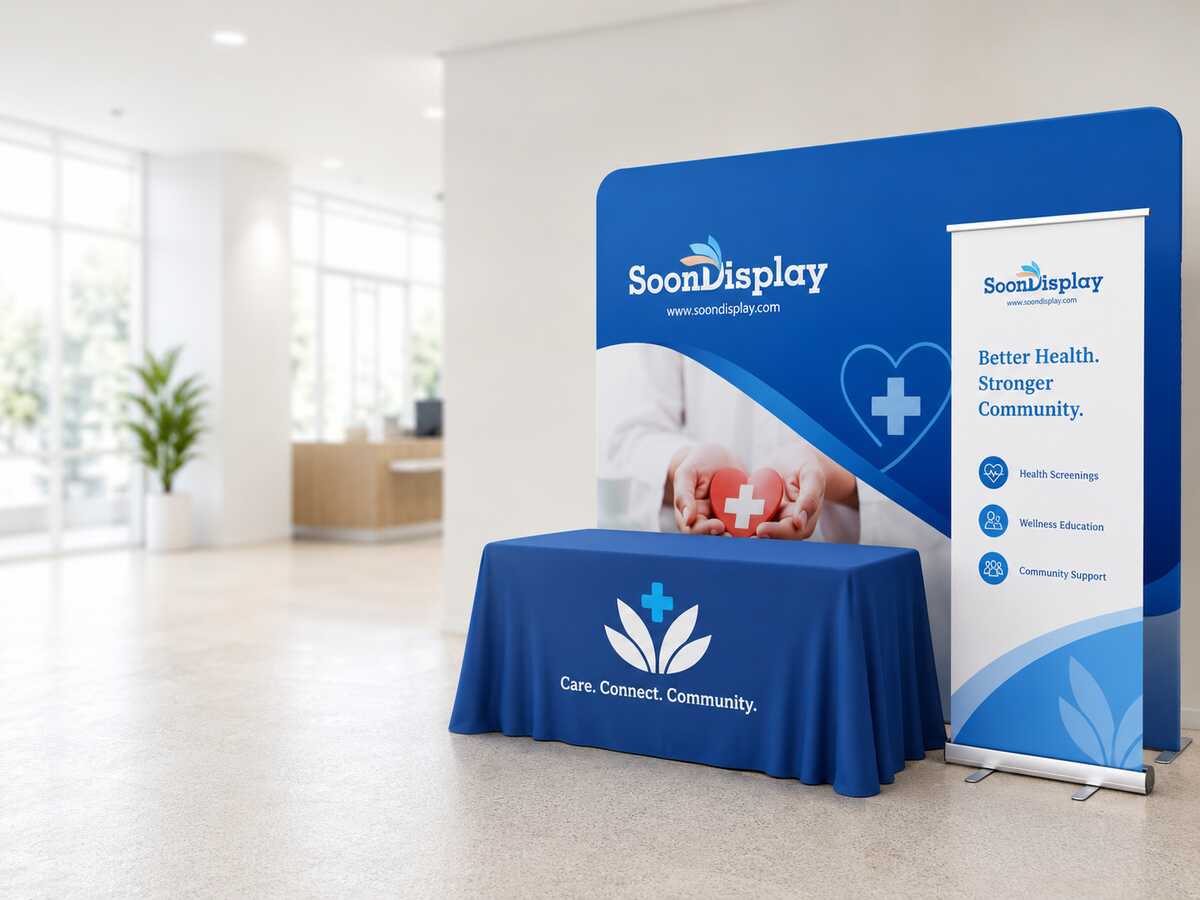Branded fabric display at a trade show expo